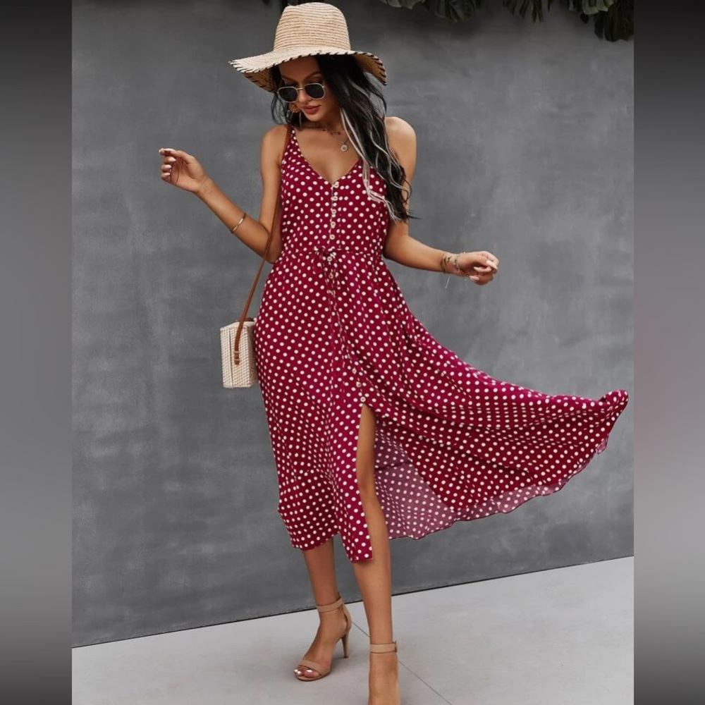 Boho polka dots print button detail drawstring waist cami dress - Picture 11 of 16